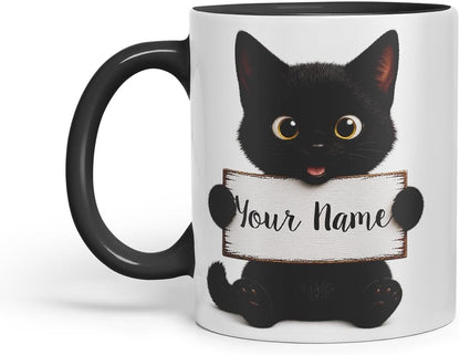 Vixar Personalised Cute Cat Mug with Name or Custom Message – Cute Animal Coloured Ceramic Mug Cup Gift, 11oz (Black)