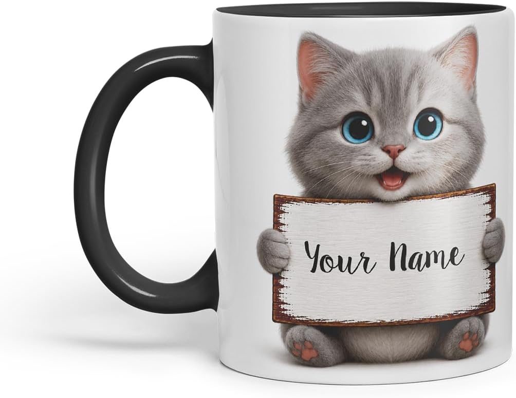 Vixar Personalised Grey Kitten Mug with Name or Custom Message – Cute Animal Coloured Ceramic Mug Cup Gift, 11oz (Black)
