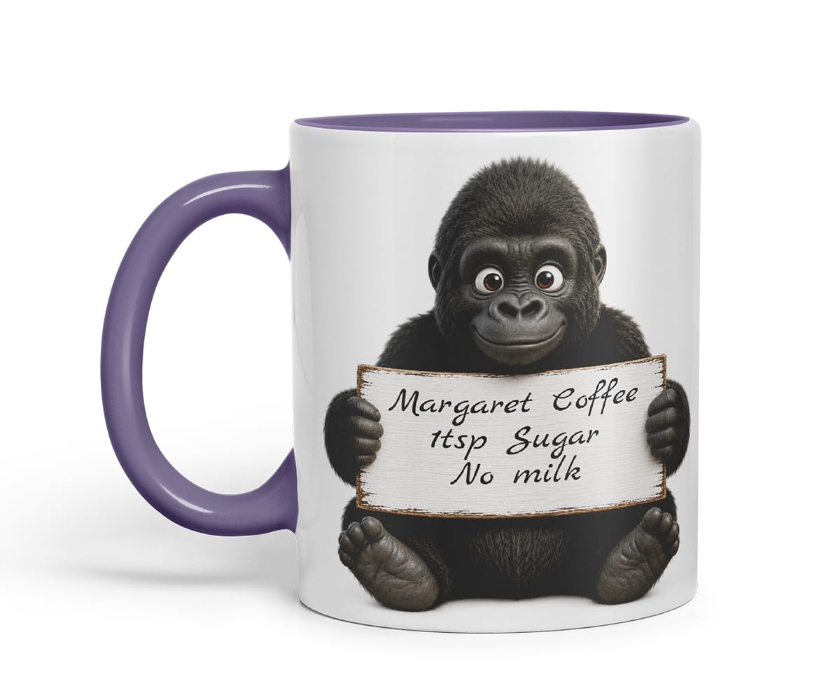 Vixar Personalised Gorilla Mug with Name or Custom Message – Cute Animal Coloured Ceramic Mug Cup Gift, 11oz (Black)