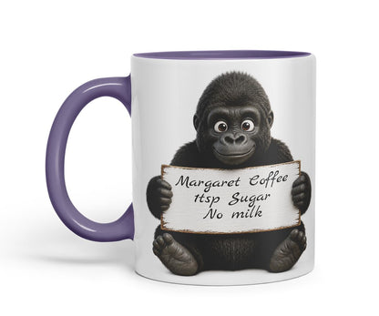 Vixar Personalised Gorilla Mug with Name or Custom Message – Cute Animal Coloured Ceramic Mug Cup Gift, 11oz (Black)