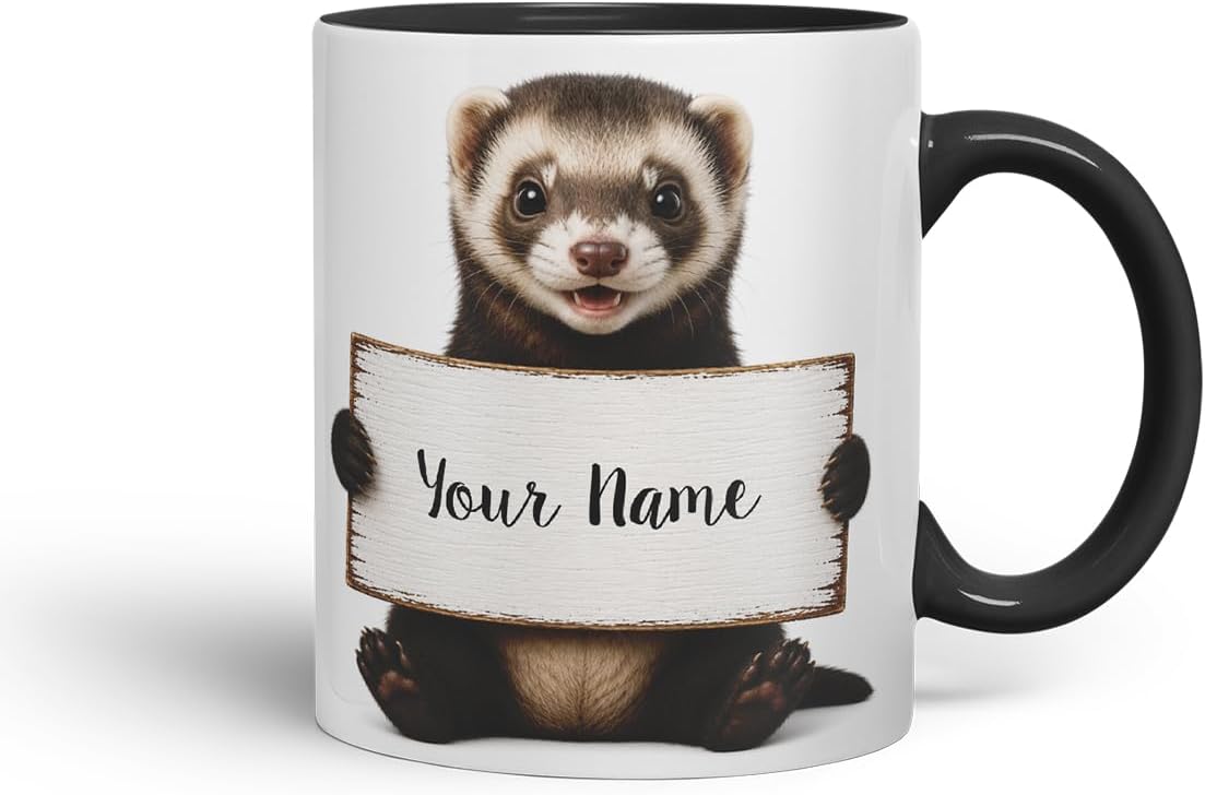 Vixar Personalised Ferret Mug with Name or Custom Message – Cute Animal Coloured Ceramic Mug Cup Gift, 11oz (Black)