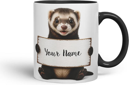 Vixar Personalised Ferret Mug with Name or Custom Message – Cute Animal Coloured Ceramic Mug Cup Gift, 11oz (Black)