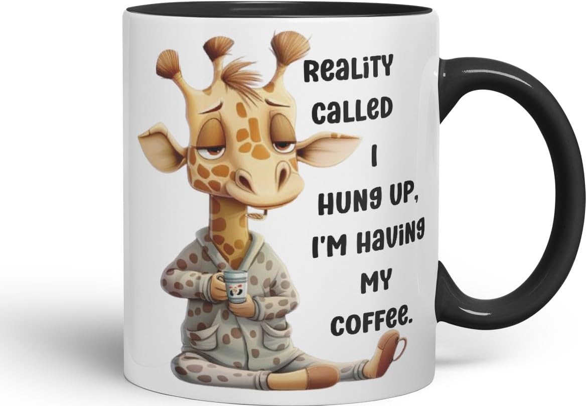 Vixar Reality Called, I Hung Up Sarcastic Giraffe Coloured Ceramic Mug Cup Gift 11oz (Black)