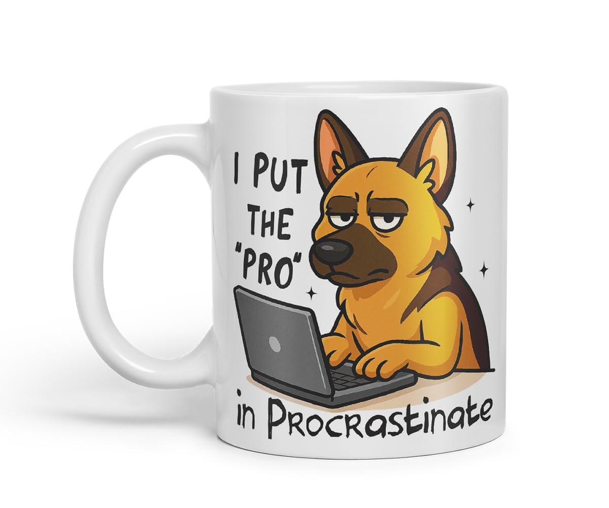 Vixar I Put The Pro in Procrastinate German Shepherd Dog Mug – Coloured Ceramic Mug Cup Gift, 11oz (Black)