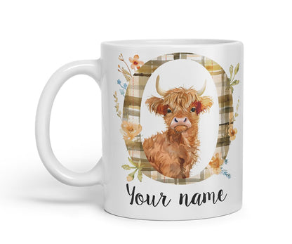 Vixar Personalised Highland Cow Initial Letter O Custom Name Mug – Coloured Ceramic Mug Cup Gift, 11oz (Black)