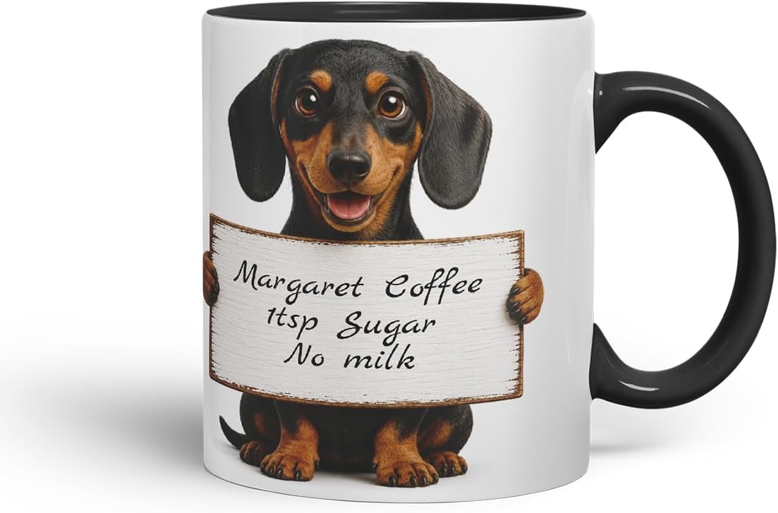 Vixar Personalised Dachshund Dog Pet Mug with Name or Custom Message – Cute Animal Coloured Ceramic Mug Cup Gift, 11oz (Black)