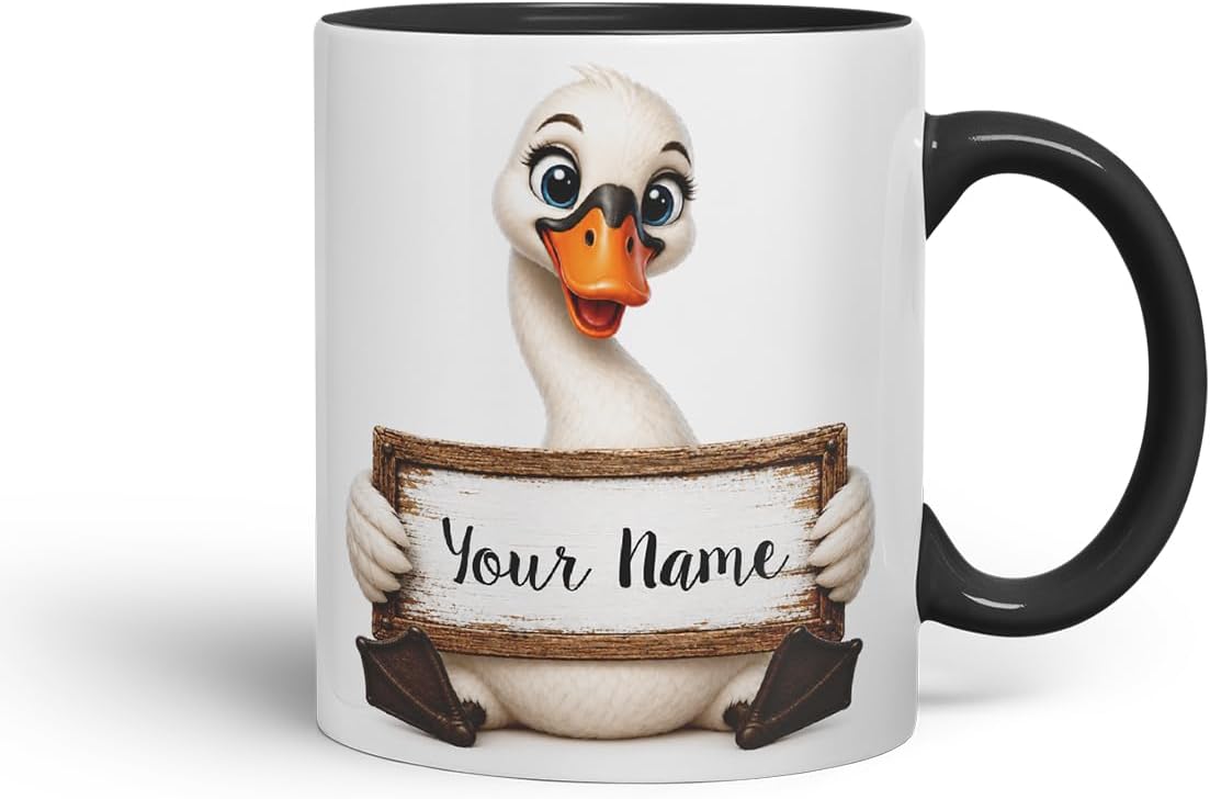 Vixar Personalised Swan Mug with Name or Custom Message – Cute Animal Coloured Ceramic Mug Cup Gift, 11oz (Black)