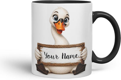 Vixar Personalised Swan Mug with Name or Custom Message – Cute Animal Coloured Ceramic Mug Cup Gift, 11oz (Black)