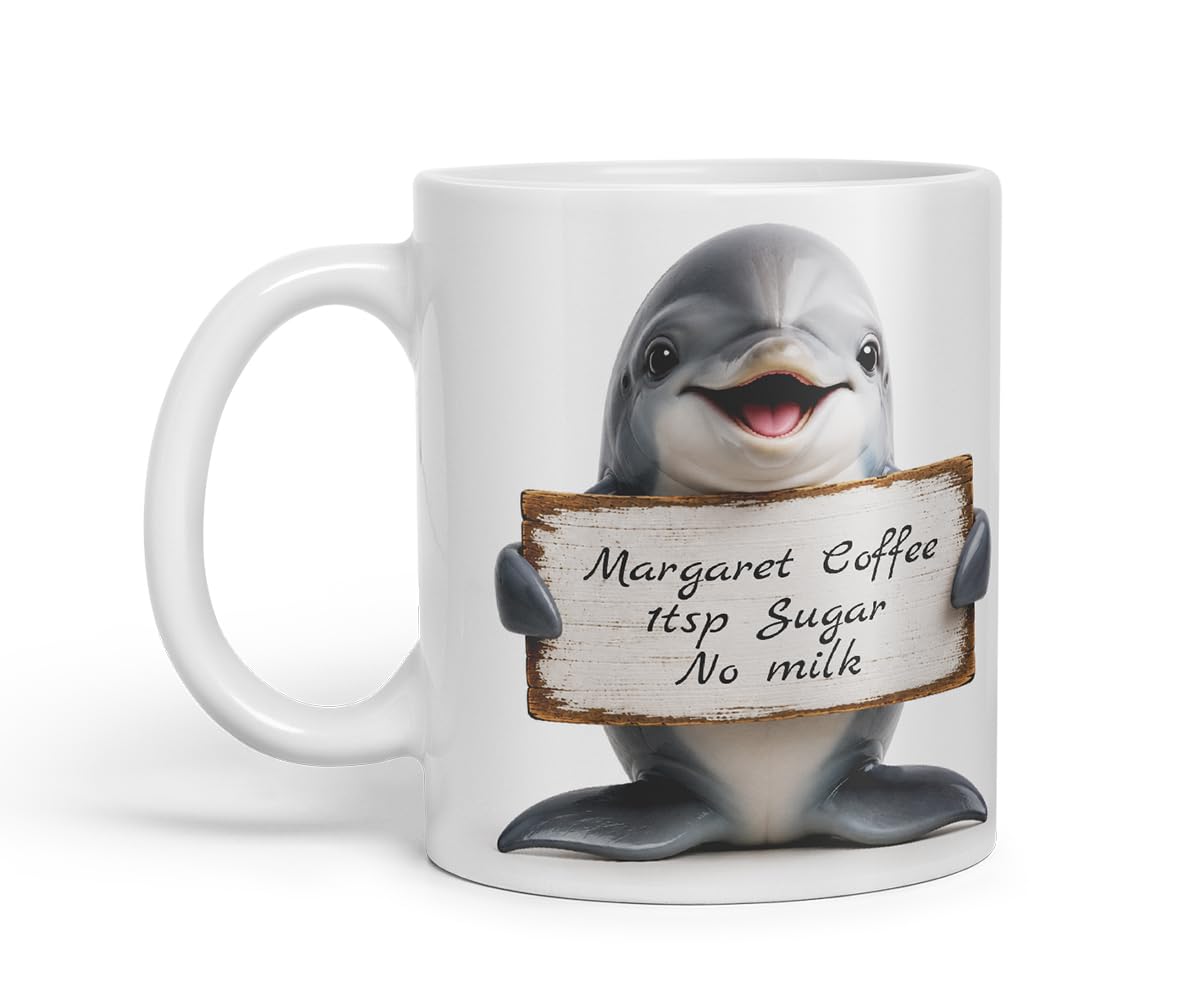 Vixar Personalised Dolphin Mug with Name or Custom Message – Cute Animal Coloured Ceramic Mug Cup Gift, 11oz (Black)
