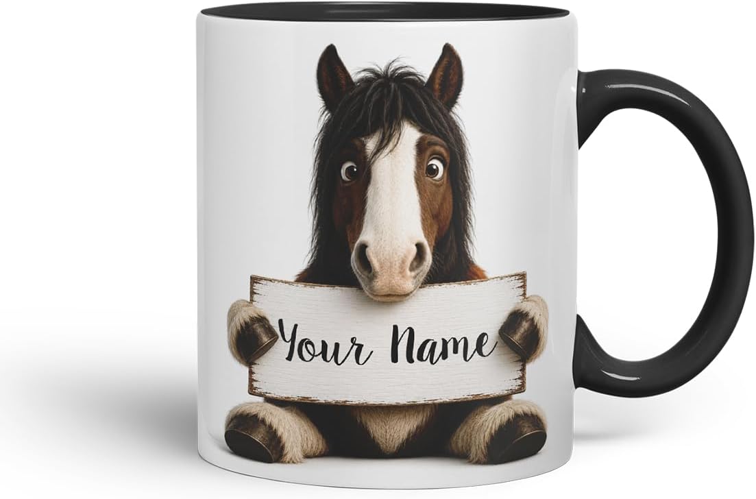 Vixar Personalised Shire Horse Mug with Name or Custom Message – Cute Animal Coloured Ceramic Mug Cup Gift, 11oz (Black)