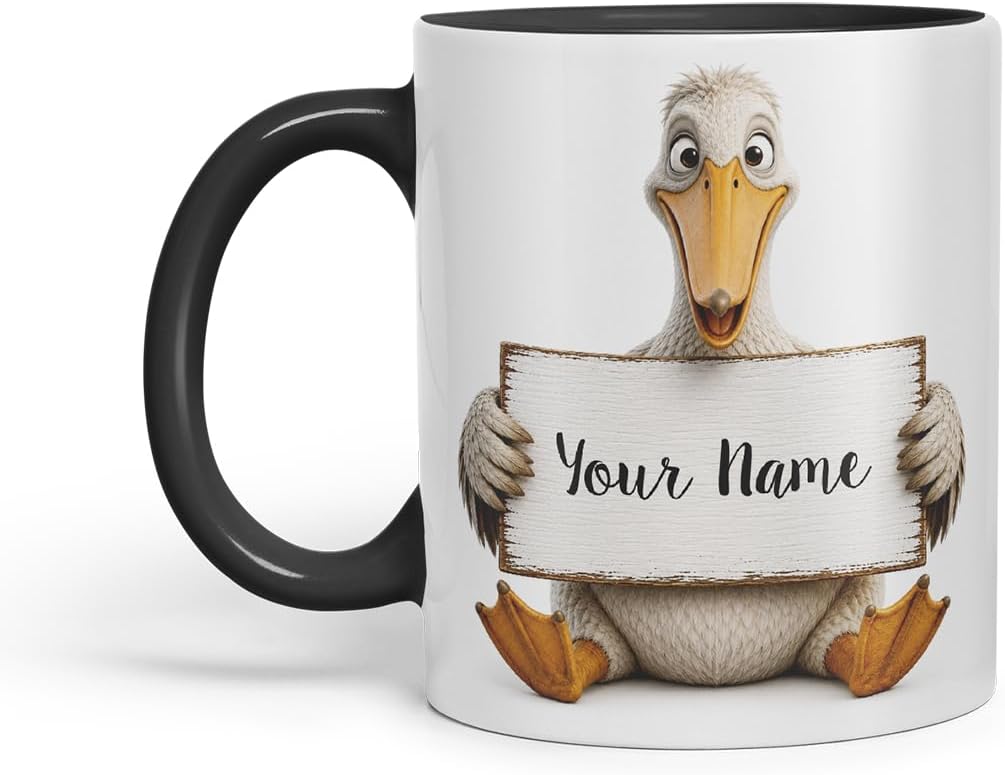 Vixar Personalised Pelican Mug with Name or Custom Message – Cute Animal Coloured Ceramic Mug Cup Gift, 11oz (Black)