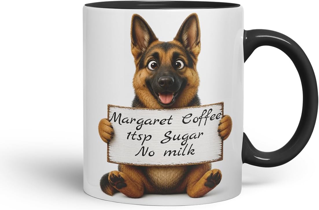 Vixar Personalised German Shepherd Dog Pet Mug with Name or Custom Message – Cute Animal Coloured Ceramic Mug Cup Gift, 11oz (Black)