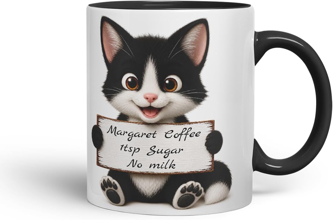 Vixar Personalised Black and White Cat Mug with Name or Custom Message – Cute Animal Coloured Ceramic Mug Cup Gift, 11oz (Black)
