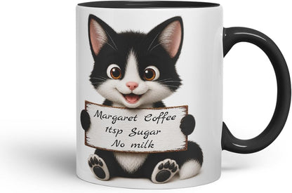 Vixar Personalised Black and White Cat Mug with Name or Custom Message – Cute Animal Coloured Ceramic Mug Cup Gift, 11oz (Black)