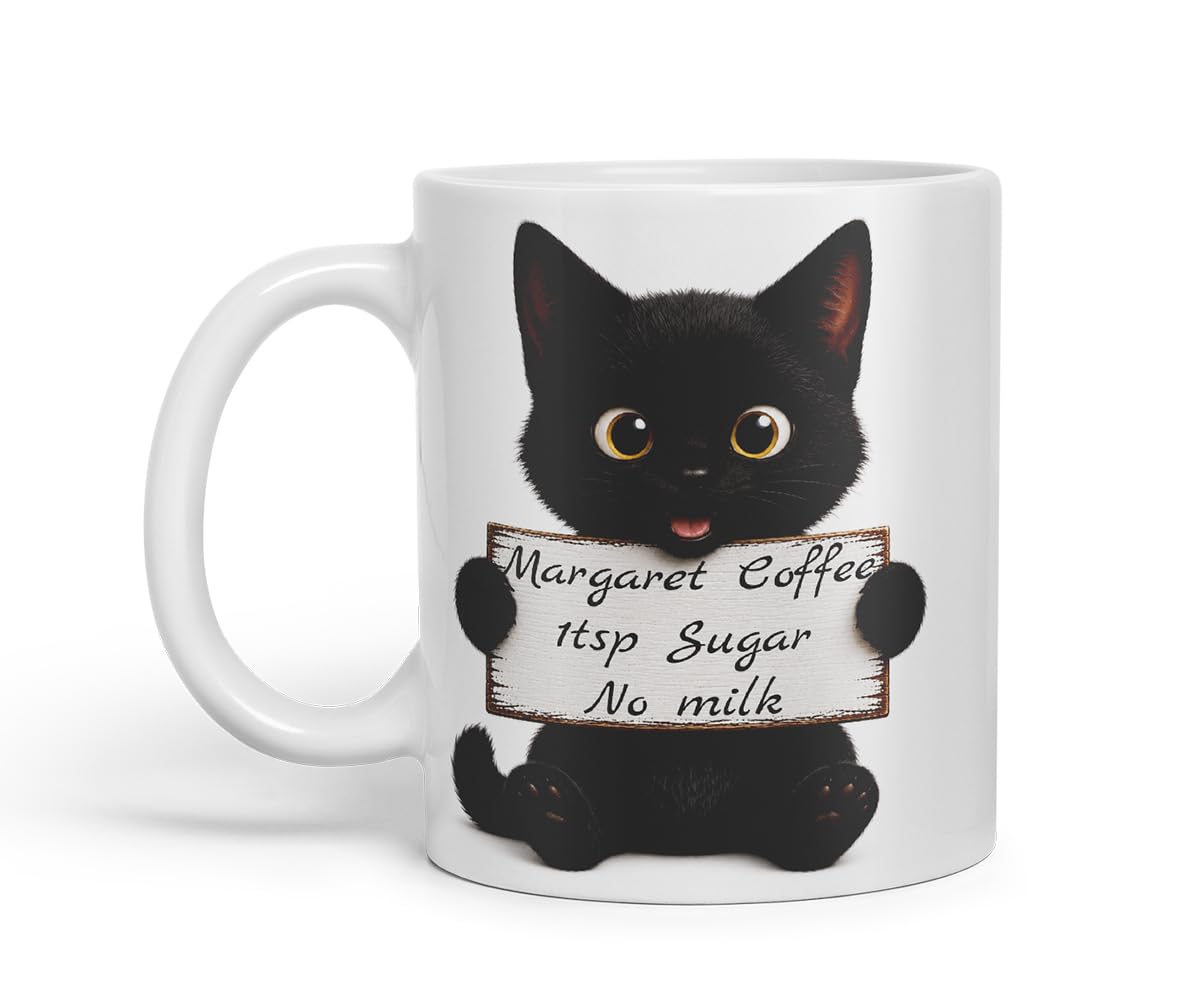 Vixar Personalised Cute Cat Mug with Name or Custom Message – Cute Animal Coloured Ceramic Mug Cup Gift, 11oz (Black)