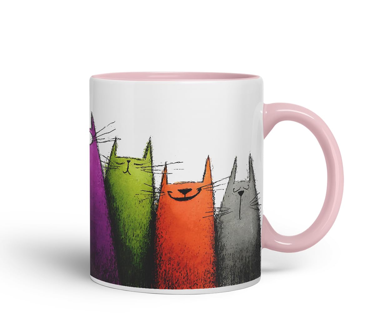 Vixar Funny Colourful Cute Cats Design – Coloured Ceramic Mug Cup Gift, 11oz (Black)