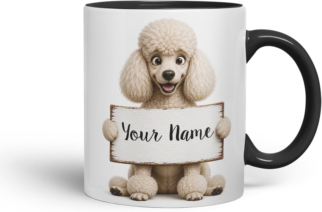 Vixar Personalised Poodle Mug with Name or Custom Message – Cute Animal Coloured Ceramic Mug Cup Gift, 11oz (Black)