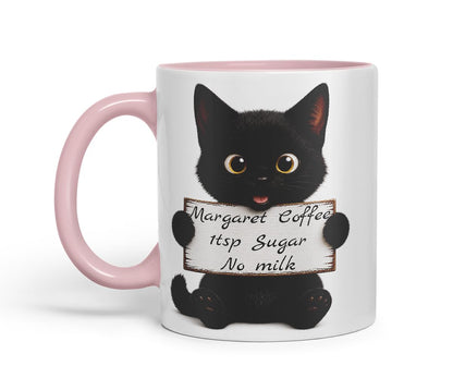 Vixar Personalised Cute Cat Mug with Name or Custom Message – Cute Animal Coloured Ceramic Mug Cup Gift, 11oz (Black)