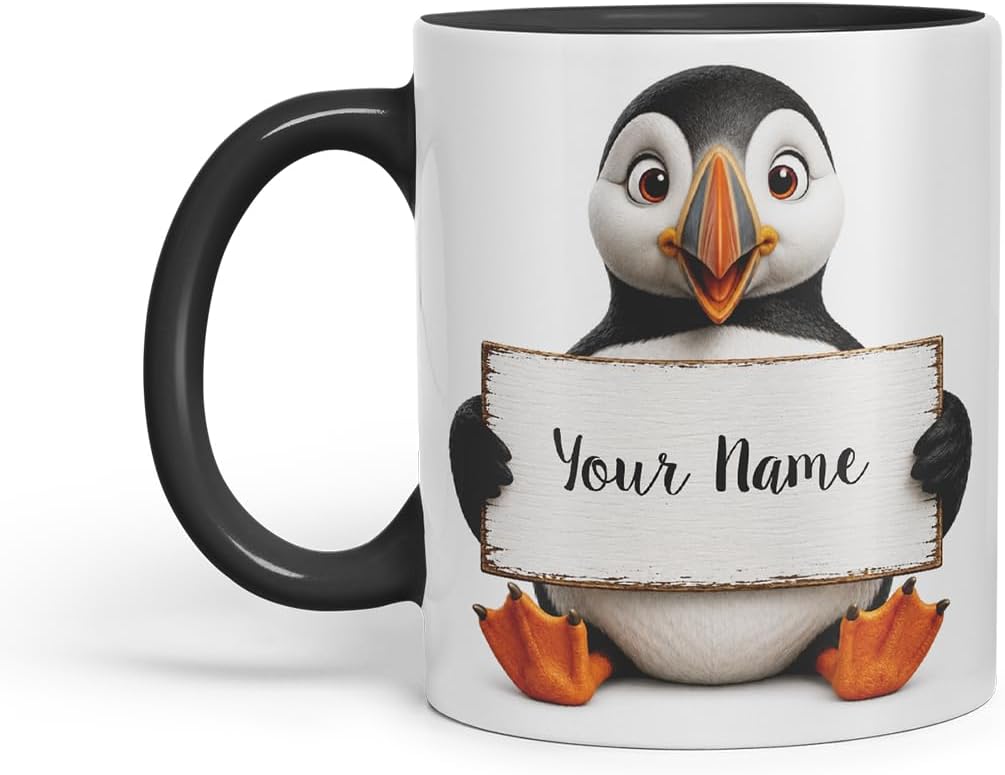 Vixar Personalised Puffin Mug with Name or Custom Message – Cute Animal Coloured Ceramic Mug Cup Gift, 11oz (Black)