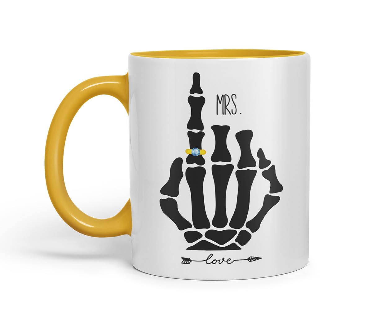 Vixar Mrs Skeleton Hand Wedding Ring Couple Mug – Coloured Ceramic Mug Cup Gift, 11oz (Black)