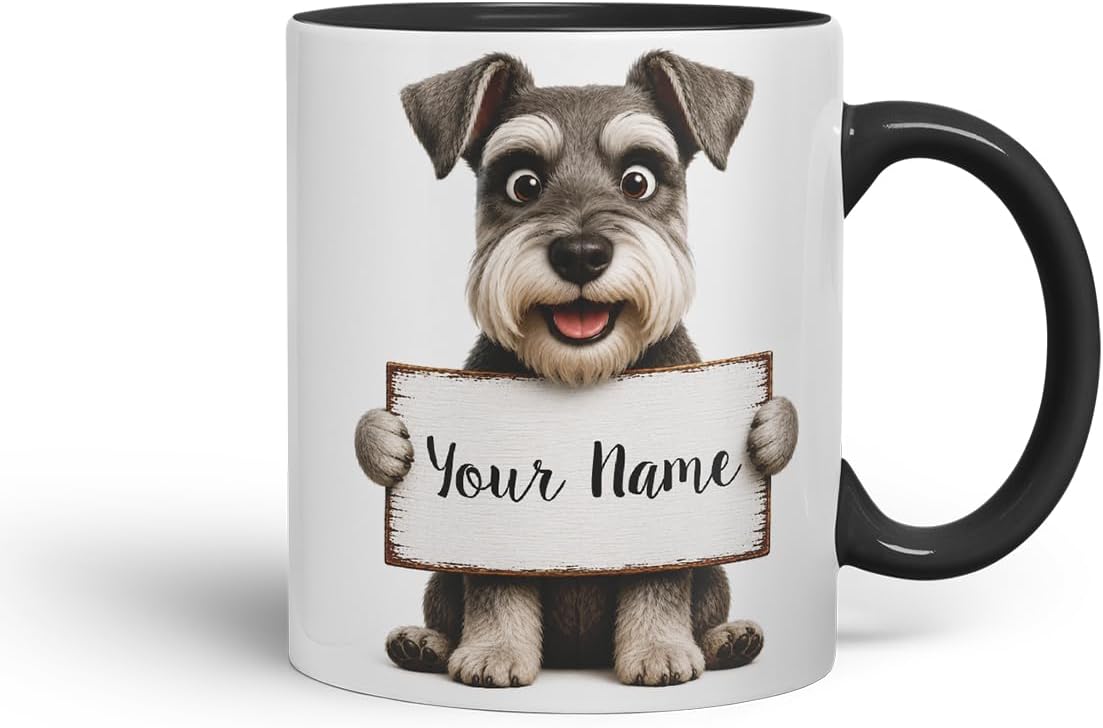 Vixar Personalised Schnauzer Mug with Name or Custom Message – Cute Animal Coloured Ceramic Mug Cup Gift, 11oz (Black)