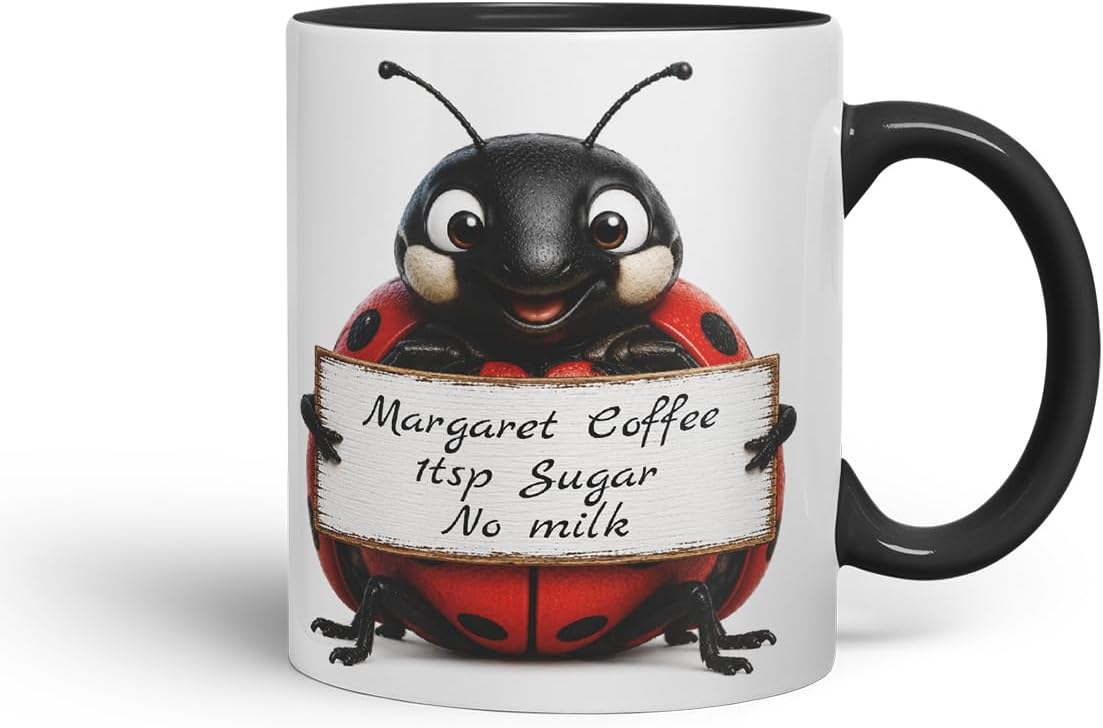 Vixar Personalised Ladybird Mug with Name or Custom Message – Cute Animal Coloured Ceramic Mug Cup Gift, 11oz (Black)