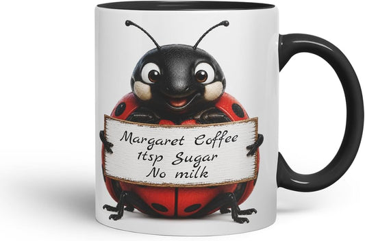Vixar Personalised Ladybird Mug with Name or Custom Message – Cute Animal Coloured Ceramic Mug Cup Gift, 11oz (Black)