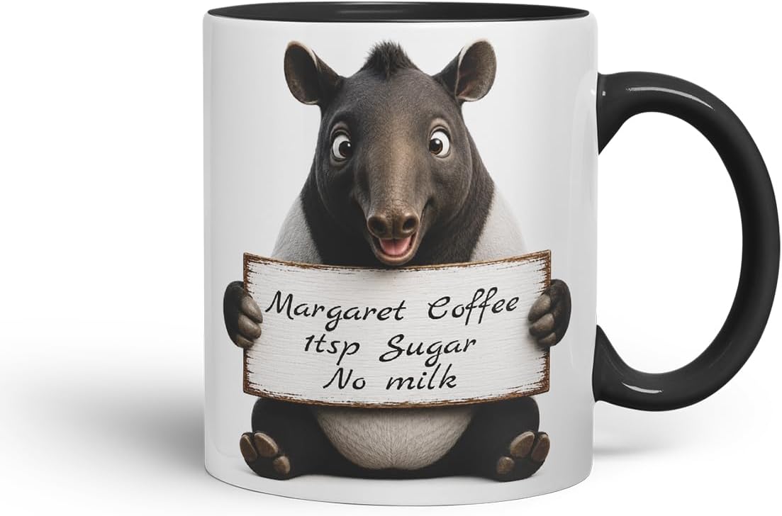 Vixar Personalised Tapir Mug with Name or Custom Message – Cute Animal Coloured Ceramic Mug Cup Gift, 11oz (Black)