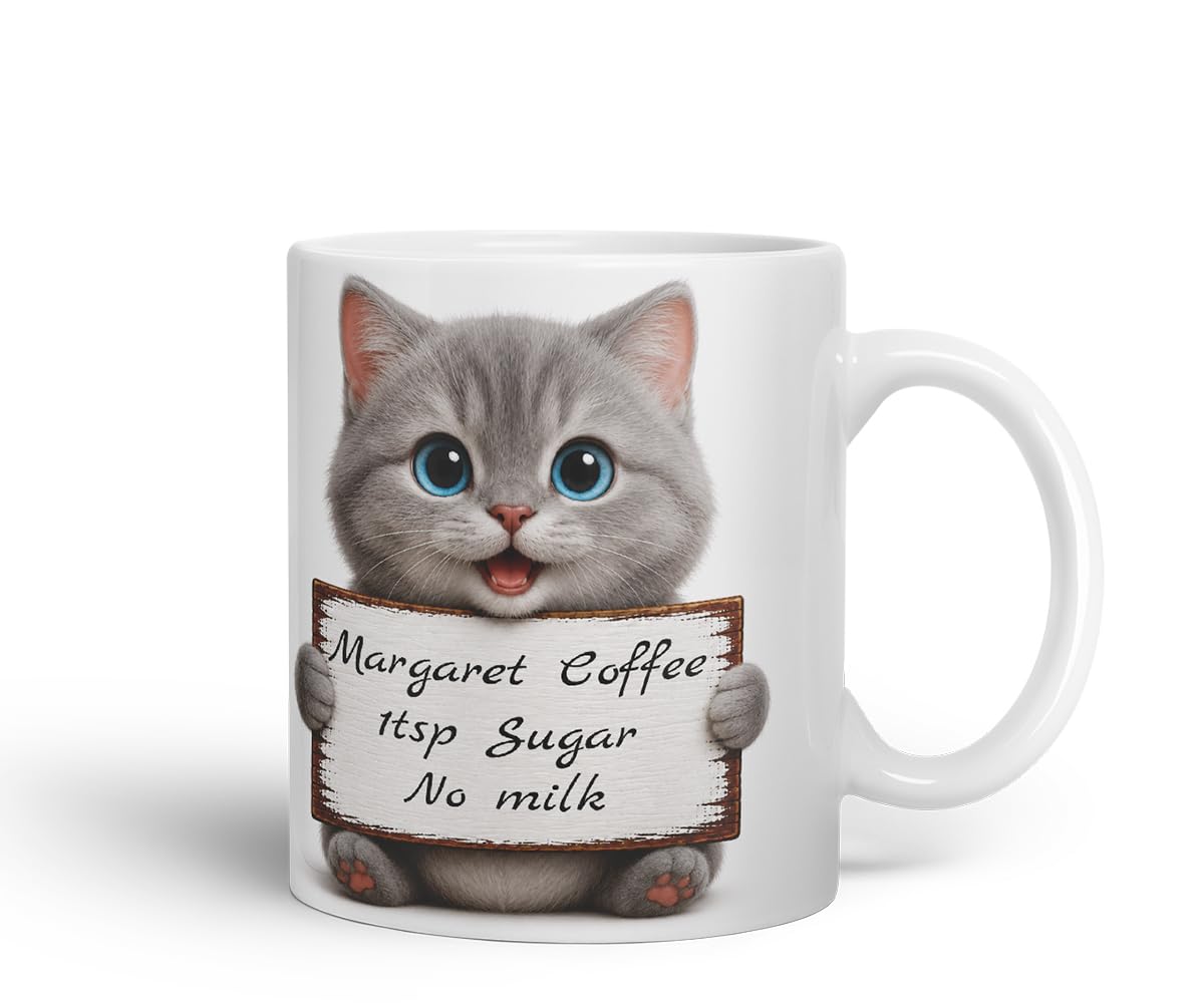 Vixar Personalised Grey Kitten Mug with Name or Custom Message – Cute Animal Coloured Ceramic Mug Cup Gift, 11oz (Black)