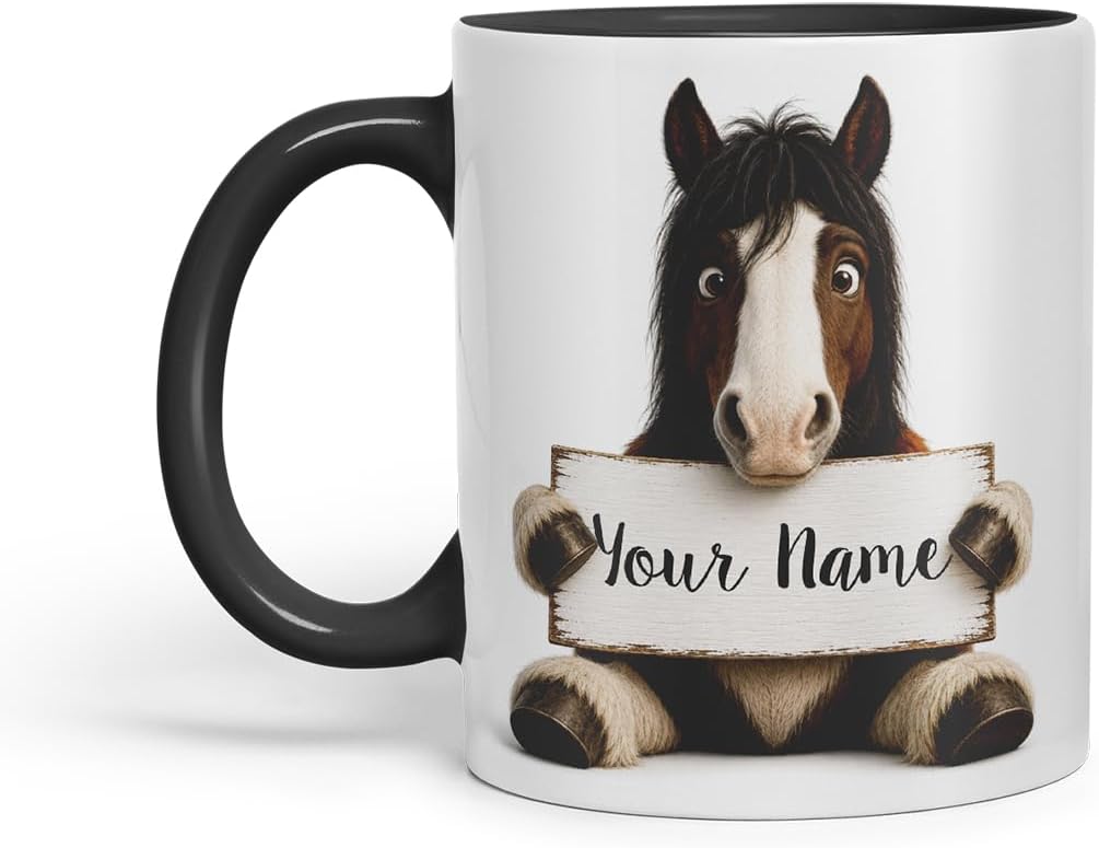 Vixar Personalised Shire Horse Mug with Name or Custom Message – Cute Animal Coloured Ceramic Mug Cup Gift, 11oz (Black)