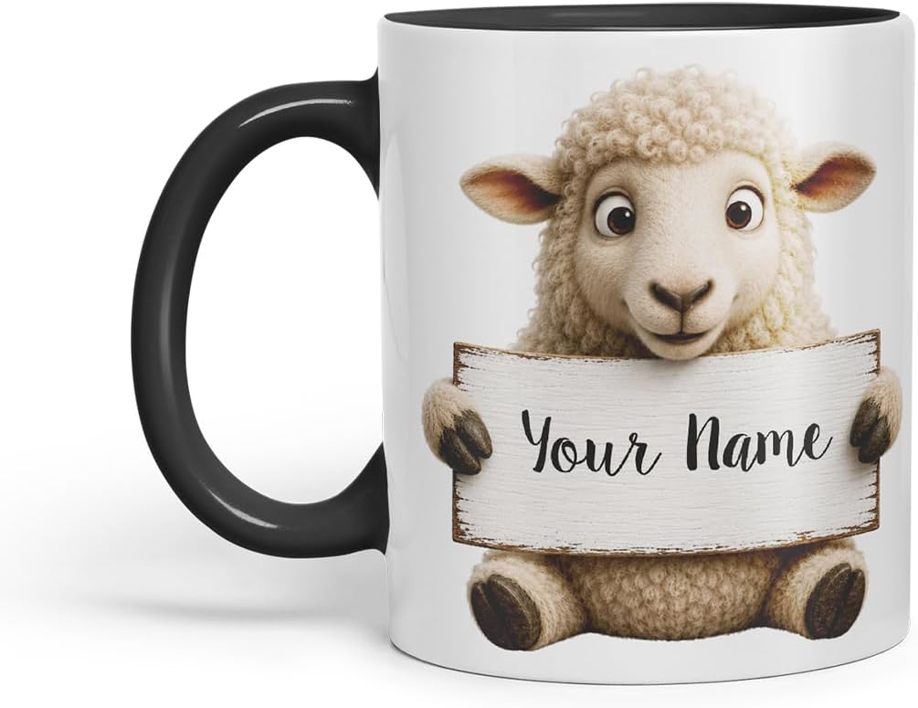 Vixar Personalised Sheep Mug with Name or Custom Message – Cute Animal Coloured Ceramic Mug Cup Gift, 11oz (Black)