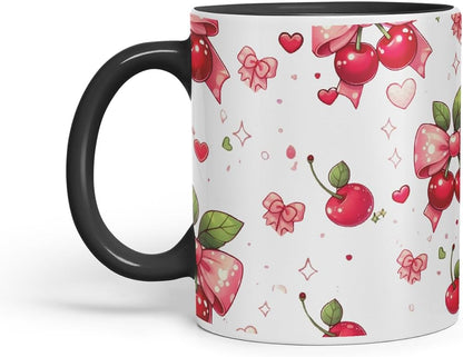 Vixar Cherry Bow Pattern Mug – Coloured Ceramic Mug Cup Gift, 11oz (Black)