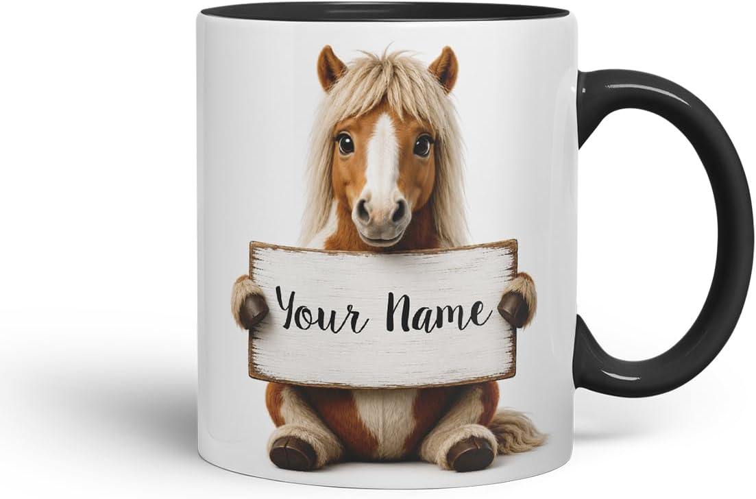 Vixar Personalised Pony Mug with Name or Custom Message – Cute Animal Coloured Ceramic Mug Cup Gift, 11oz (Black)