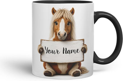 Vixar Personalised Pony Mug with Name or Custom Message – Cute Animal Coloured Ceramic Mug Cup Gift, 11oz (Black)