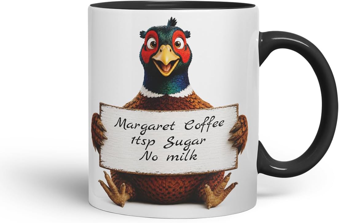 Vixar Personalised Pheasant Mug with Name or Custom Message – Cute Animal Coloured Ceramic Mug Cup Gift, 11oz (Black)