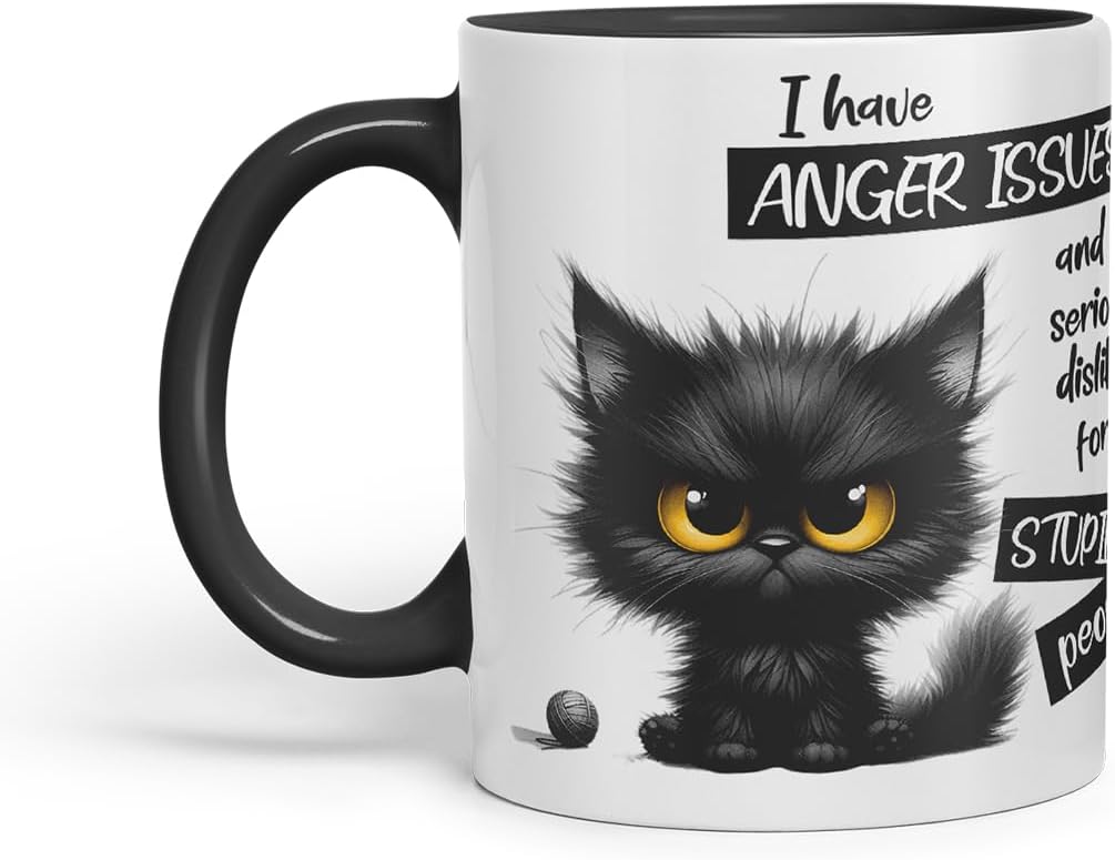 Vixar Funny Black Cat Anger Issues Sarcastic Mug – Coloured Ceramic Mug Cup Gift, 11oz (Black)