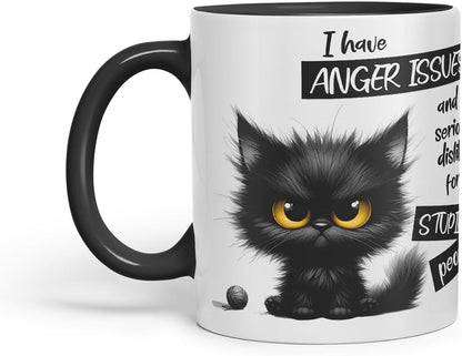 Vixar Funny Black Cat Anger Issues Sarcastic Mug – Coloured Ceramic Mug Cup Gift, 11oz (Black)