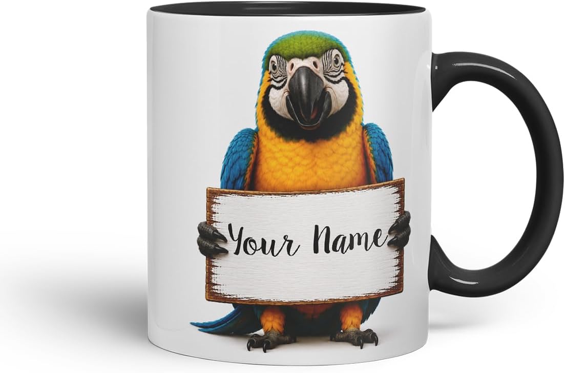 Vixar Personalised Parrot Mug with Name or Custom Message – Cute Animal Coloured Ceramic Mug Cup Gift, 11oz (Black)