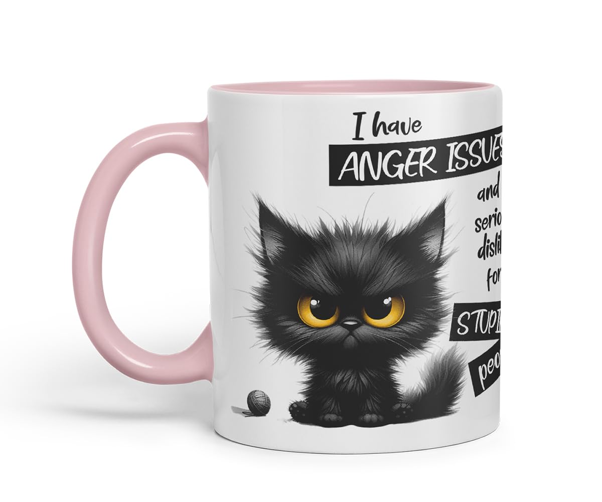 Vixar Funny Black Cat Anger Issues Sarcastic Mug – Coloured Ceramic Mug Cup Gift, 11oz (Black)