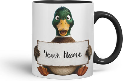 Vixar Personalised Duck Mug with Name or Custom Message – Cute Animal Coloured Ceramic Mug Cup Gift, 11oz (Black)