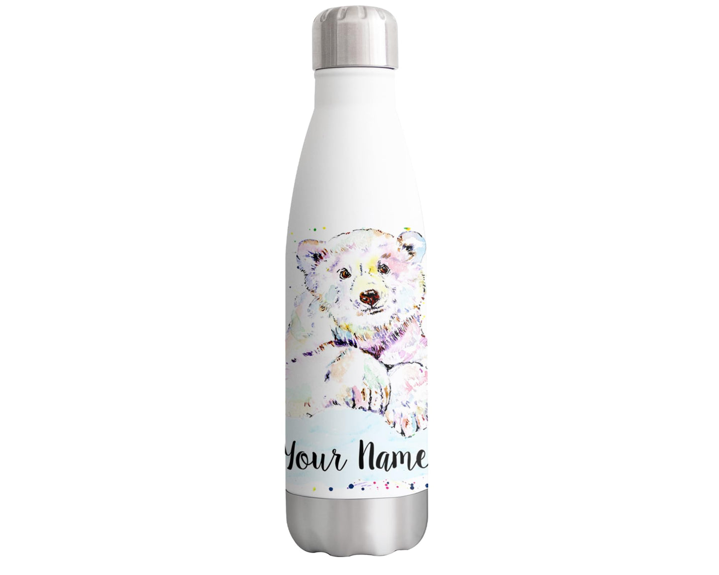 Vixar Bear Personalised Custom Bottle with your Text/name Polar Bear Watercolour Animals Bottle Double Wall Insulated Stainless Steel Sport Drinks 500ml