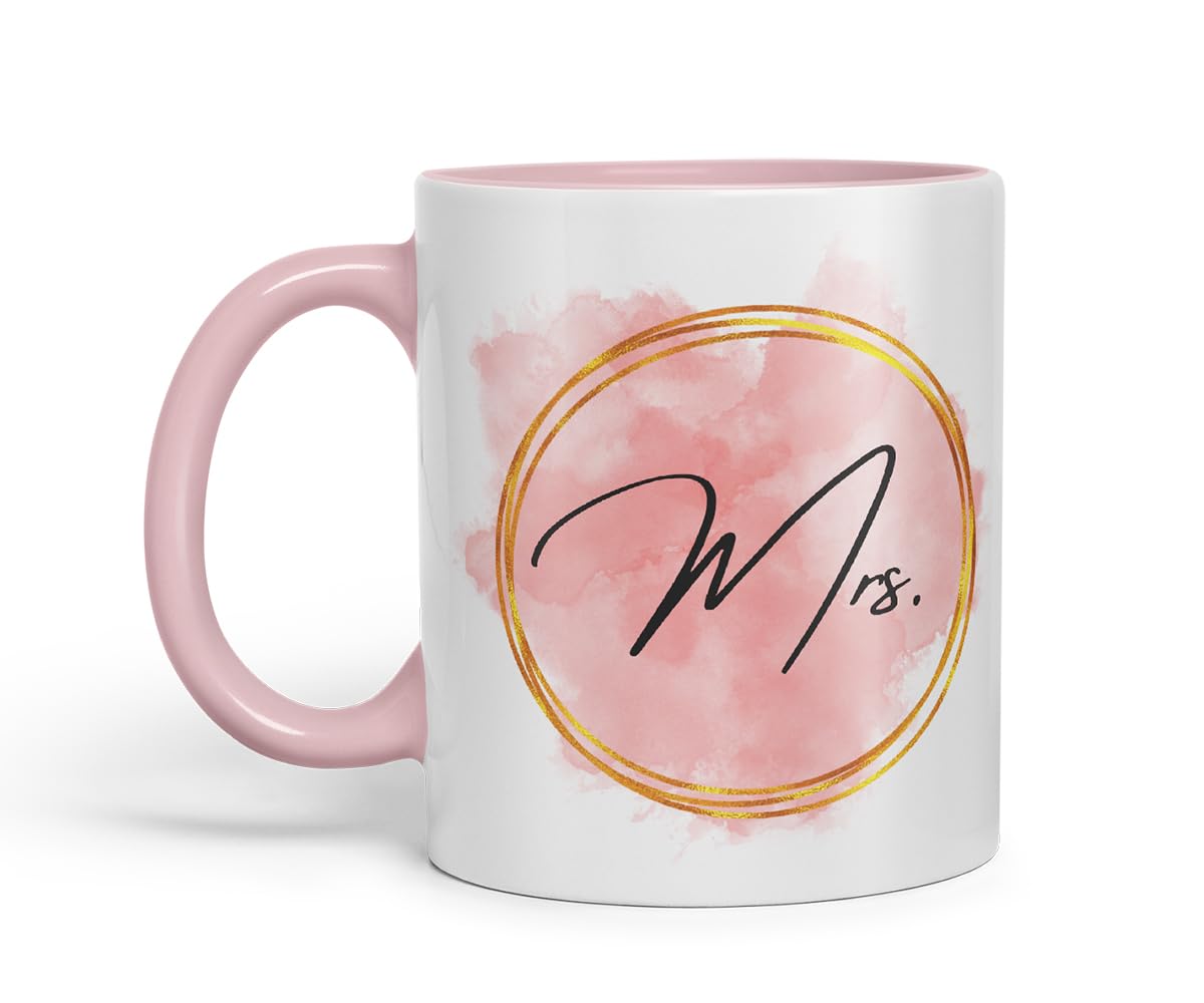 Vixar Mrs Watercolour Wedding Couple Mug – Coloured Ceramic Mug Cup Gift, 11oz (Black)