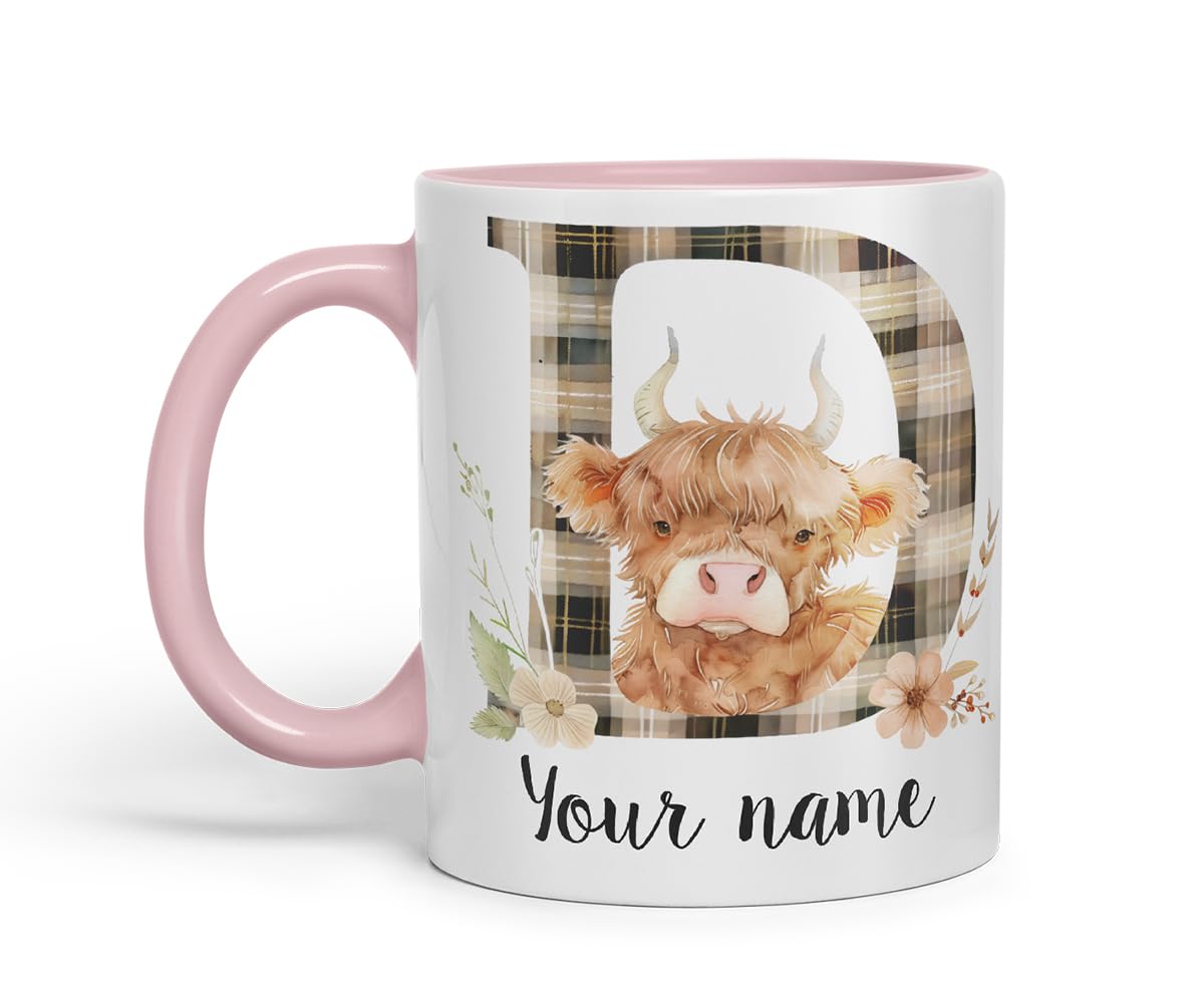 Vixar Personalised Highland Cow Initial Letter D Custom Name Mug – Coloured Ceramic Mug Cup Gift, 11oz (Black)