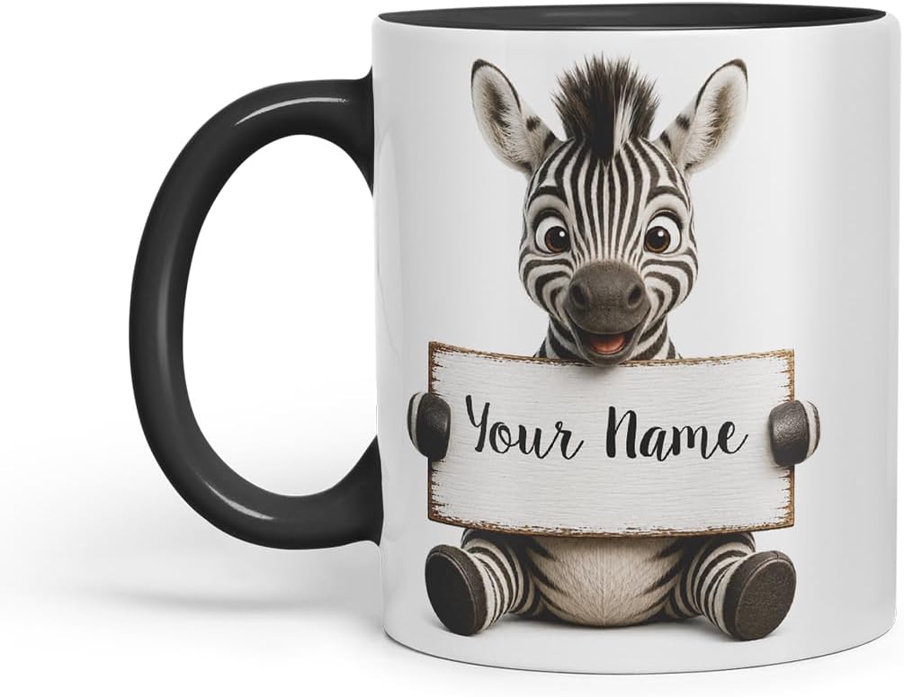 Vixar Personalised Zebra Mug with Name or Custom Message – Cute Animal Coloured Ceramic Mug Cup Gift, 11oz (Black)