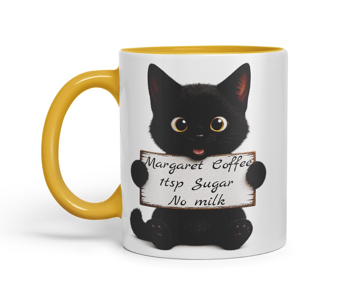 Vixar Personalised Cute Cat Mug with Name or Custom Message – Cute Animal Coloured Ceramic Mug Cup Gift, 11oz (Black)