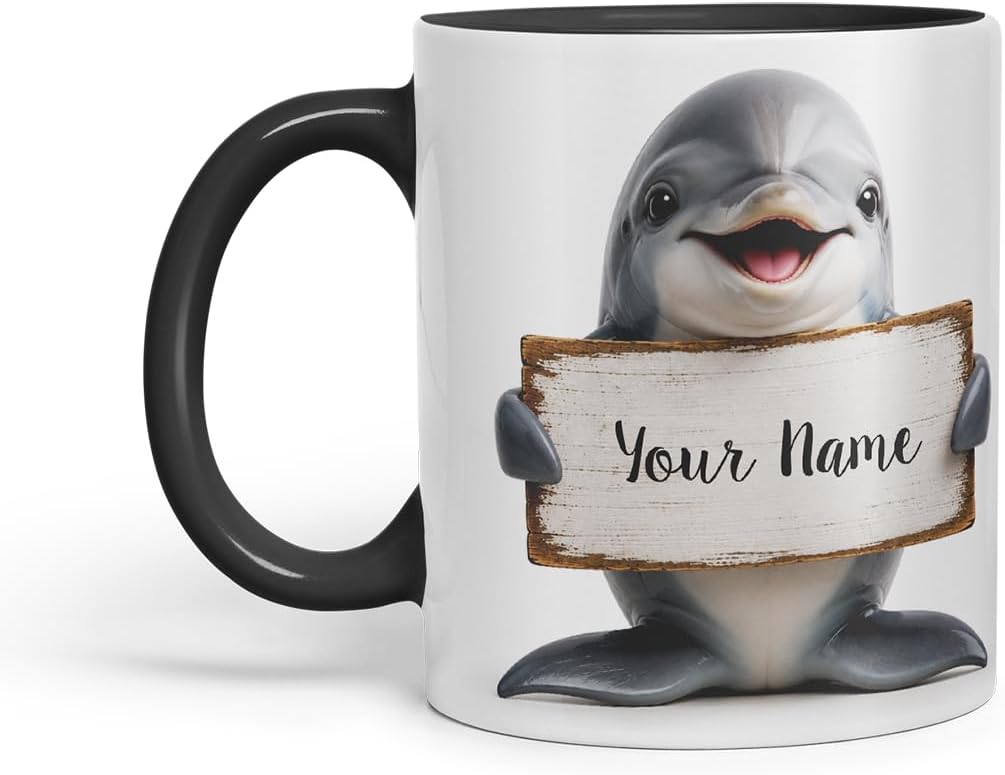 Vixar Personalised Dolphin Mug with Name or Custom Message – Cute Animal Coloured Ceramic Mug Cup Gift, 11oz (Black)