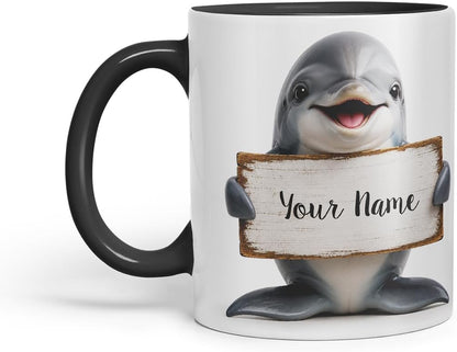 Vixar Personalised Dolphin Mug with Name or Custom Message – Cute Animal Coloured Ceramic Mug Cup Gift, 11oz (Black)