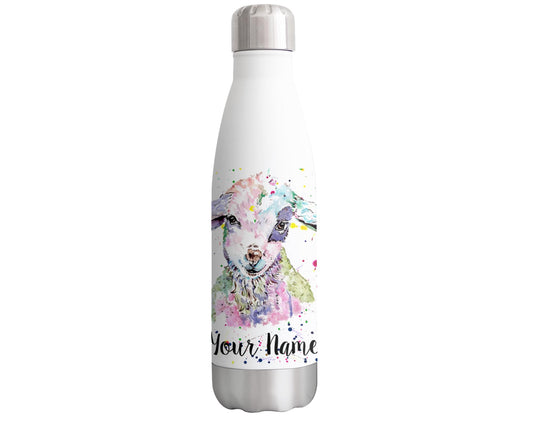 Vixar Lamb baby sheep Personalised Custom Bottle with your Text/name Watercolour Art Farm animal Bottle double Wall insulated Stainless steel sport Drinks 500ml