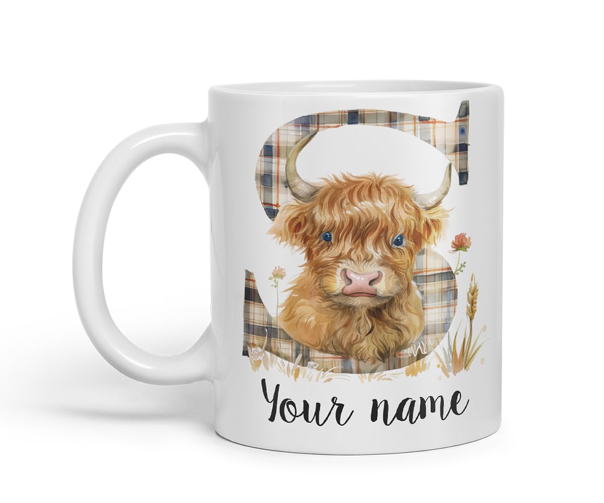Vixar Personalised Highland Cow Initial Letter S Custom Name Mug – Coloured Ceramic Mug Cup Gift, 11oz (Black)