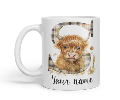 Vixar Personalised Highland Cow Initial Letter S Custom Name Mug – Coloured Ceramic Mug Cup Gift, 11oz (Black)